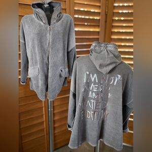🆕️ Beyond Capri Made In Italy Oversized Gray Hooded Jacket w/ Metallic Text